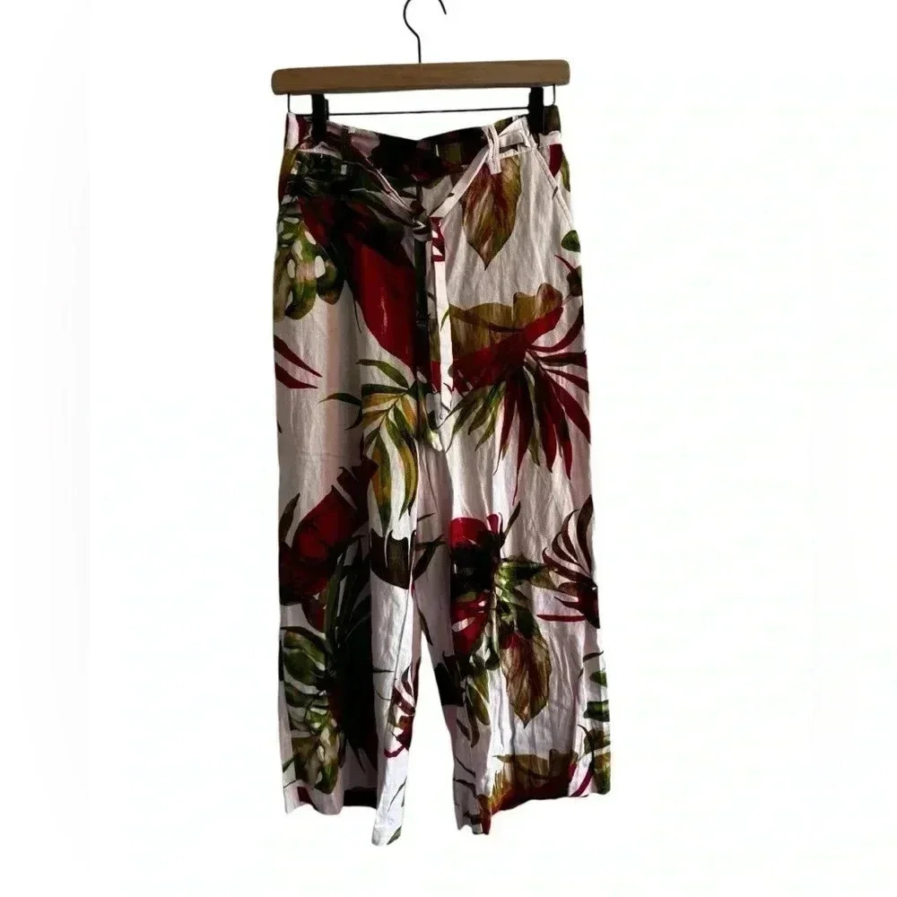 Joie Wide Leg Tropical Cream Red Monstera print Crop Pant with belt Size 2